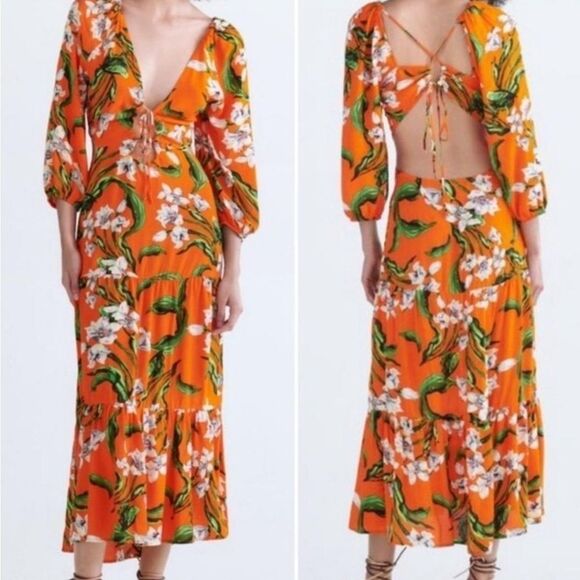 NWT Zara Orange Floral Tropical Maxi Dress Tiered Ruffle Cut Outs XS - Picture 5 of 11